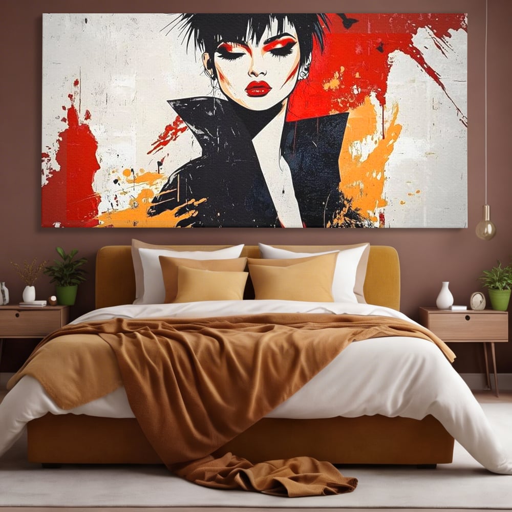 Tablou canvas cu ilustratie digitala cu portret de femeie in stil punk, fara rama, pe sasiu de lemn, pe perete intr-un dormitor